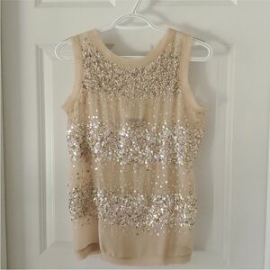 Beige/ Gold Elegant Sequin Sheer Blouse Lace Up Back - Gray Saks Fifth Avenue